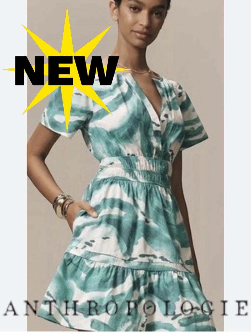 NEW with tags Anthropologie Somerset Mini Dress 👗 Aqua waves smocked waist
